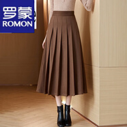 羅蒙（ROMON）毛半身裙女秋冬新款大擺裙高腰氣質(zhì)百褶裙加厚中長(zhǎng)裙A字傘裙子 咖啡色 M