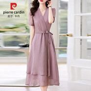 皮爾卡丹（pierre cardin）夏季短袖連衣裙女裝2024新款韓版高腰顯瘦時(shí)尚氣質(zhì)中長(zhǎng)款雪紡裙子 淺紫色 2XL （130-140斤）