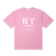 美職棒（MLB）官方 短袖夏季新款復古字母印花圓領(lǐng)短袖女T恤T七夕節禮物 紐約洋基隊/粉紅色/建議拍小一碼 L 175/96A