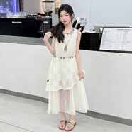 細(xì)仔碼頭兒童裝女童連衣裙夏季2025新款中大童女孩波西米亞長裙度假風(fēng)甜酷 杏色（配腰帶+項(xiàng)鏈） 170