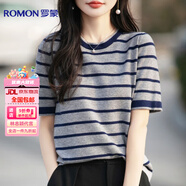 羅蒙（ROMON）專柜條紋針織上衣女2025春夏季新款薄款氣質(zhì)百搭圓領(lǐng)棉斑馬衫上衣 灰色 2XL