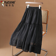 啄木鳥(niǎo)2025春夏季新款高腰顯瘦歐根紗口袋拼接中長(cháng)款大擺A字裙半身裙子 黑色 均碼 85-145斤