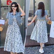 皮爾卡丹（pierre cardin）歐洲站小香風短袖牛仔外套+中長款雪紡碎花吊帶連衣裙套裝女夏潮 牛仔衣+白碎花裙 M 【80-100斤】