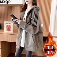 MXQP棒球服外套女2025秋冬新款加絨加厚韓版寬松中長(zhǎng)款學(xué)生連帽衛(wèi)衣女 G475軍綠色【加絨加厚】 M 【80-110斤】