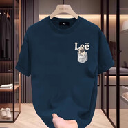 Lee Srtroi官方正品夏季短袖T恤男重磅純棉體恤情侶寬松休閑大碼半袖上衣男 藏青 M （120-140斤）