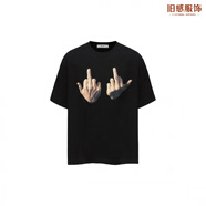 舊感AW 中指短袖美式潮流街頭國潮寬松手指短袖T恤 男女同款 黑色【重磅純棉】 S