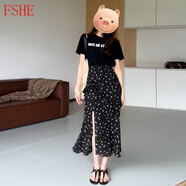 FSHE秋季2025新款兩件黑色t恤法式連衣裙子女茶歇赫本海邊度假短裙 長(cháng)款裙子 L 55/60kg