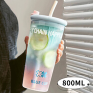 鉑吶苓玻璃杯女秋冬水杯奶茶杯家用水茶水分離杯子大容量吸管杯 藍色玻璃杯【800ML】800ml1只