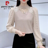 皮爾卡丹（pierre cardin）打底衫女士感蕾絲漂亮小衫秋冬新款加絨女裝修身顯瘦百搭上衣 1004m(茶色) 薄款 2XL 115-125斤