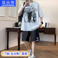 藍品閣100%純棉短袖T恤短褲運動(dòng)套裝夏季12-21歲青少年學(xué)生裝寬松全棉 白色 套裝(T恤+五分褲)T557 2XL 身高170-180cm130-155斤