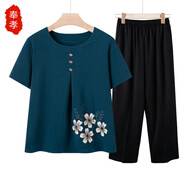 奉孝中老年媽媽裝夏季短袖套裝寬松老年人夏裝女老人衣服奶奶棉綢上衣