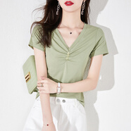 尚靜短袖t恤女夏季新款女裝氣質(zhì)v領(lǐng)褶皺扣子裝飾修身顯瘦百搭體恤上衣