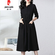 皮爾卡丹（pierre cardin）中長款長袖連衣裙2025春季新款收腰氣質(zhì)顯瘦高端時髦裙子 黑色 XL 建議115-125斤