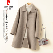 皮爾卡丹（pierre cardin）高端秋冬季新款雙面羊毛大衣女中長(cháng)款娃娃領(lǐng)小個(gè)子外套高端羊毛呢 人字紋卡其色 S 115斤內拍