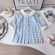 COLORFUL GEMS韓版女童法式連衣裙甜美格子娃娃領(lǐng)公主長(cháng)袖裙 藍白格娃娃領(lǐng)襯衫連衣裙 M 吊牌90適合90c