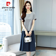 皮爾卡丹（pierre cardin）夏季短袖連衣裙女裝2024新款韓版高腰寬松時尚中長款套裝棉麻裙子 灰色 L （105-115斤）