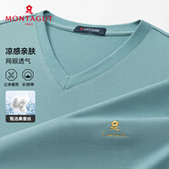 夢特嬌（MONTAGUT）夏季男士T恤純色v領(lǐng)含桑蠶絲短袖中年透氣休閑體恤藍色  2XL /54
