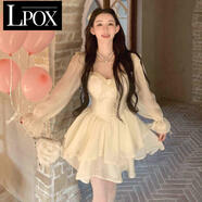 LPOX在逃公主連衣裙女蓬蓬裙ins超仙小個子仙女溫柔生日子顯瘦抹胸 雙生芭蕾(米色) M