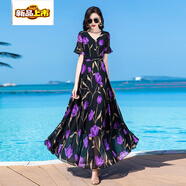 初徑2025新款夏氣質(zhì)新款大擺度假沙灘裙拖地顯瘦長(cháng)裙子碎花雪紡連衣裙 黑底紫色花 M 建議90-100斤