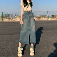 MELROSEMOOD牛仔半身裙女早春高腰包臀裙2025女裝新款寬松開叉遮胯a字中長裙 復(fù)古藍(lán) L