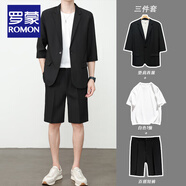 羅蒙（ROMON）夏季薄款感冰絲垂感西裝套裝男士短袖外套輕熟風(fēng)休閑西服單西 黑W53西服+黑K58短褲+白短T 2XL 建議160-180斤