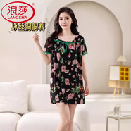 浪莎（LangSha）夏季新款大碼睡裙女薄款寬松顯瘦短袖冰絲印花連衣裙可外穿 8833睡裙黑底花 4XL 建議140-160斤
