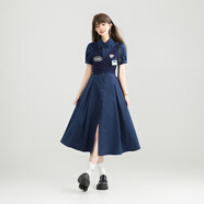 凱莉歐KEIKO 天才少女風(fēng)假兩件式襯衫連衣裙25夏季學(xué)院系帶顯瘦A字長(zhǎng)裙 深藍(lán)色  胸牌裝飾可拆取 L