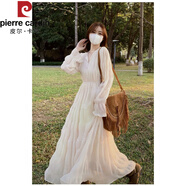 皮爾卡丹（pierre cardin）仙女茶歇法式春夏白色沙灘裙收腰顯瘦壓褶度假長裙長袖雪紡連衣裙 米:白色:身高160以下長款 S