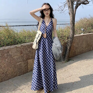 沐霓法式復古掛脖連衣裙女2025夏季辣妹海邊度假風收腰顯瘦氣質(zhì)吊帶裙 V領掛脖連衣裙藍色M90-105斤