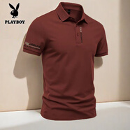 花花公子（PLAYBOY）短袖t恤男士POLO衫夏季新款翻領(lǐng)半袖美式休閑百搭修身體恤衫上衣 棗紅色 XL 120-140斤