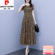 皮爾卡丹（pierre cardin）韓版雪紡連衣裙長(cháng)款2025夏季新款短袖大擺裙印花顯瘦減齡碎花裙子 咖色 M 90--100斤