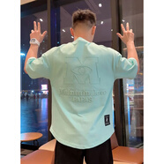 GTYUWVG2025夏季潮牌新款男裝寬松體恤衫潮流韓版百搭字母刺繡簡(jiǎn)約半袖衣 湖藍(lán)色 XL 140-155斤