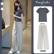 韓璐嬌（hanlujiao）休閑褲女裝夏季2025新款氣質(zhì)顯瘦通勤穿搭衣服運動冰絲闊腿褲子女 灰色衣+卡其褲子 M （建議96-108斤）
