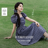 茵曼（INMAN）章若楠同款法式方領(lǐng)格紋連衣裙2025夏季新品女裝泡泡袖裙子 藏青 L