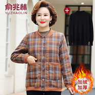 俞兆林（YUZHAOLIN）媽媽薄款格子棉衣外套秋冬新款寬松上衣中老年女裝洋氣加絨小棉衣 咖啡格+毛衣 2XL (參考105-120斤)