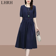 LHRH輕奢高檔品牌 連衣裙夏季女新款顯瘦裙子棉麻小個(gè)子顯瘦女裝裙子 藏青色 M 建議90-100斤
