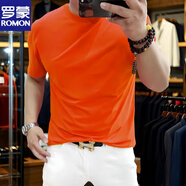 羅蒙（ROMON）短袖T恤男高端克萊因藍短袖男2025夏季修身體恤衫上衣半袖打底衫 橘色 5XL