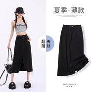 MELROSEMOOD天絲牛仔半身裙女夏季薄款2025年新款高腰冰絲長(zhǎng)款開(kāi)叉a字半身裙 黑色 XL