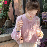 舒翎2025年春夏新款亮片毛衣女短款小個子溫柔風(fēng)馬海毛鏤空百搭針織衫 粉色亮片毛衣 M 建議  95-110斤