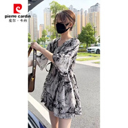 皮爾卡丹夏季雪紡套裝寬松高腰顯瘦洋氣時(shí)尚連衣裙大碼女裝胖mm短褲兩件套 水墨色套裝【連衣裙+褲子】 XL 建議【125-140斤】