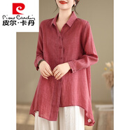 皮爾卡丹棉麻防曬襯衫女長(cháng)袖夏季薄款空調開(kāi)衫中長(cháng)款不規則休閑亞麻上衣 西瓜紅 2XL 【135-150斤】