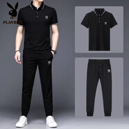 花花公子（PLAYBOY）品牌夏季新款男裝短袖翻領(lǐng)T恤polo衫冰.絲商務(wù)休閑運動套裝桑蠶絲 刺繡半邊B豹黑色【806長褲】 4XL 190185-205斤