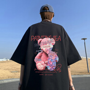 NJSKAKW品質(zhì)棉短袖T恤2024夏220克棉玫瑰熊印花短袖T恤男大碼體恤寬松男 黑色 XL