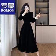 羅蒙（ROMON）絲絨連衣裙女2024秋冬季新款時(shí)尚長(cháng)裙赫本風(fēng)收腰顯瘦百搭打底裙子 黑色 XL