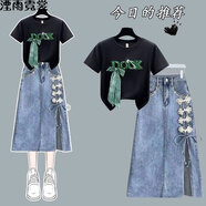 湮雨霓裳時(shí)尚套裝女夏季小眾設計感蝴蝶結短袖t恤高腰顯瘦牛仔裙兩件套潮 黑色上衣 S 建議95斤以下