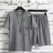 續(xù)即夏季新款冰絲t恤休閑運(yùn)動(dòng)套裝男士透氣短袖T恤大碼七分褲兩件套 TZ124灰色 2XL （建議125-140斤）