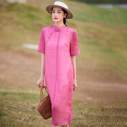 文藝范兒淑女改良旗袍領(lǐng)刺繡繡花苧麻中長(zhǎng)裙2023夏顯瘦連衣裙女 玫紅色 2XL