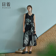 日著尋v領(lǐng)無袖系帶連衣裙2025夏季新款不對(duì)稱原創(chuàng)印花氣質(zhì)長(zhǎng)裙女 靜影黑 L