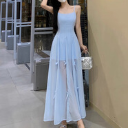 沂懿裙子女吊帶連衣裙2025新款夏季法式純欲海邊沙灘裙度假風(fēng)長裙性感 蝴蝶結(jié)吊帶連衣裙【藍色】 M