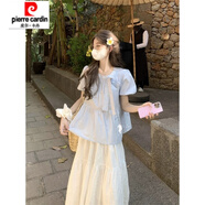 皮爾卡丹（pierre cardin）甜美蝴蝶結系帶泡泡袖娃娃領襯衫女夏寬松顯瘦褶皺花苞超好看上衣 藍色上衣 S 建議【80-95斤】
